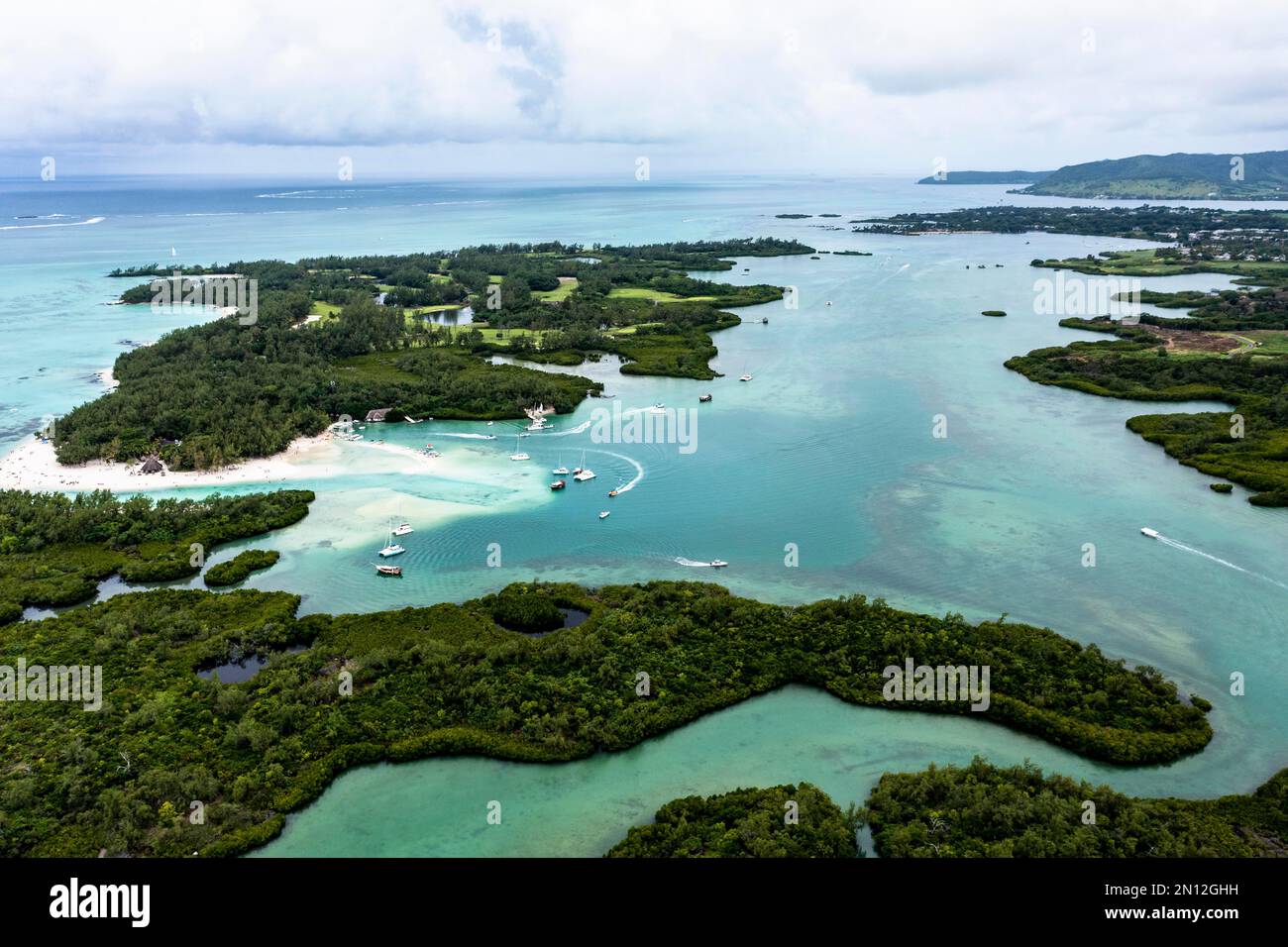 Aerial view, bay at Grand Port, il aux Cerfs with coves sandbanks, and water sports, Flacq, Mauritius, Africa Stock Photo