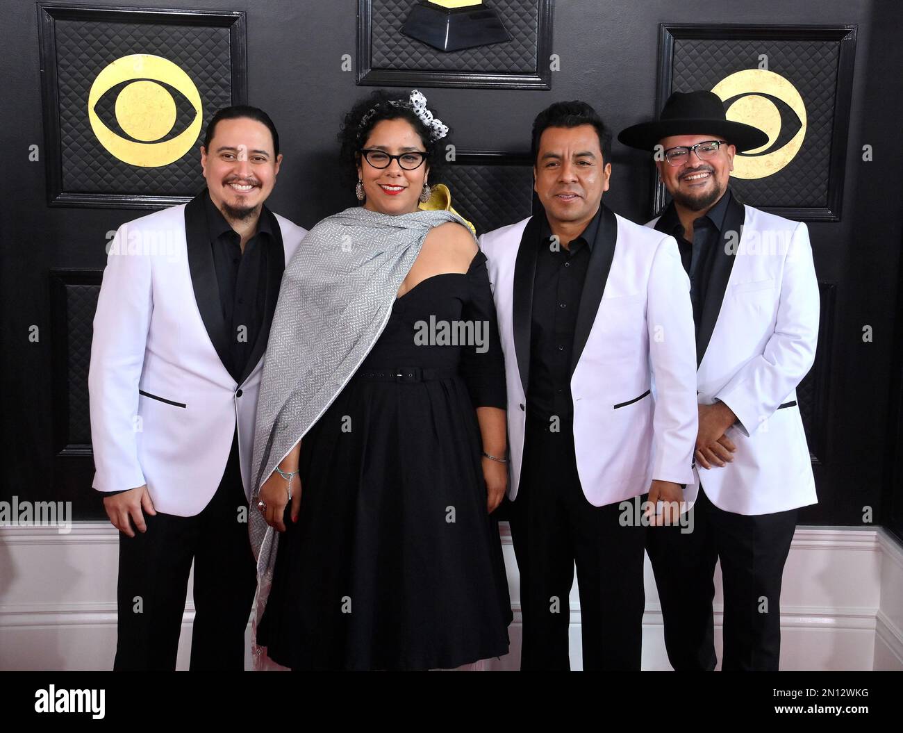 Los Angeles, United States. 05th Feb, 2023. (L-R) Alex Bendaña, Marisol Hernandez, Jose Carlos and Requinto Miguel Ramirez of La Santa Cecilia attend the 65th annual Grammy Awards at the Crypto.com Arena in Los Angeles on Sunday, February 5, 2023. Photo by Jim Ruymen/UPI Credit: UPI/Alamy Live News Stock Photo
