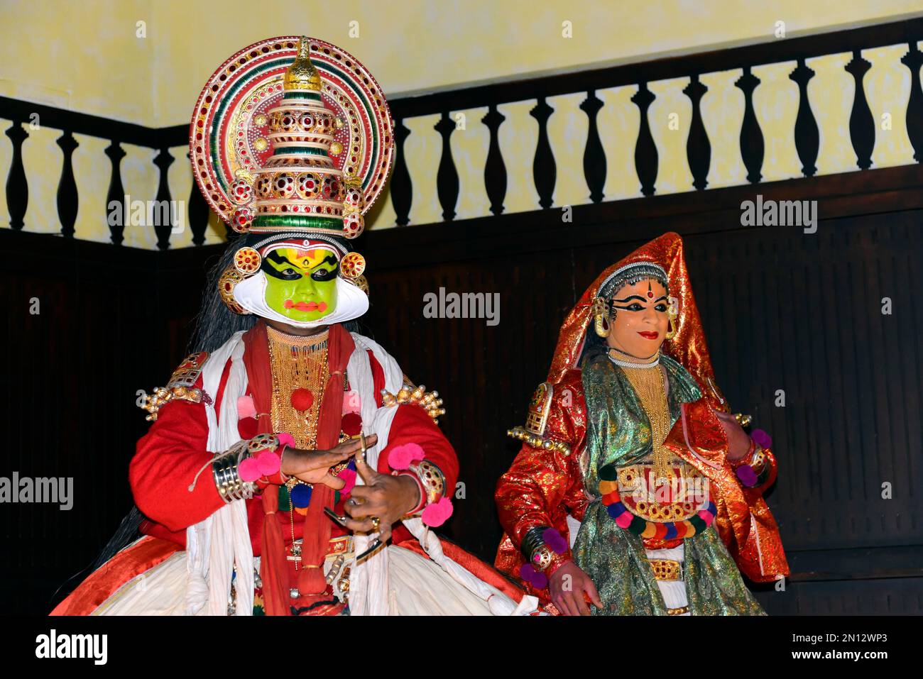 Fully Made Up And Costumed Kathakali Dancers Performing Kochi Kerala Fully Made Up And Costumed Kathakali Dancers Performing Kochi Kerala