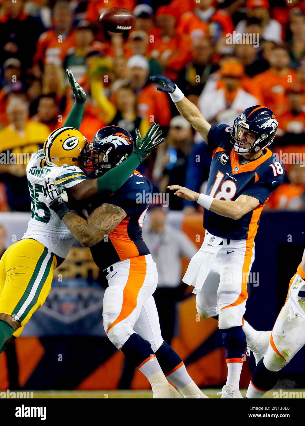 Denver Broncos quarterback Peyton Manning (18) throws under pressure ...
