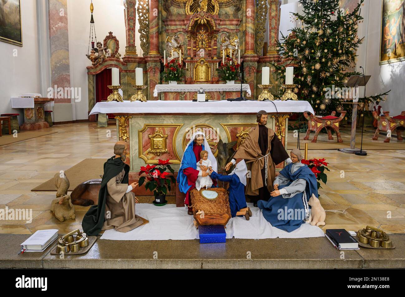 Nativity scene in front of main altar, St. Anton Catholic Church in