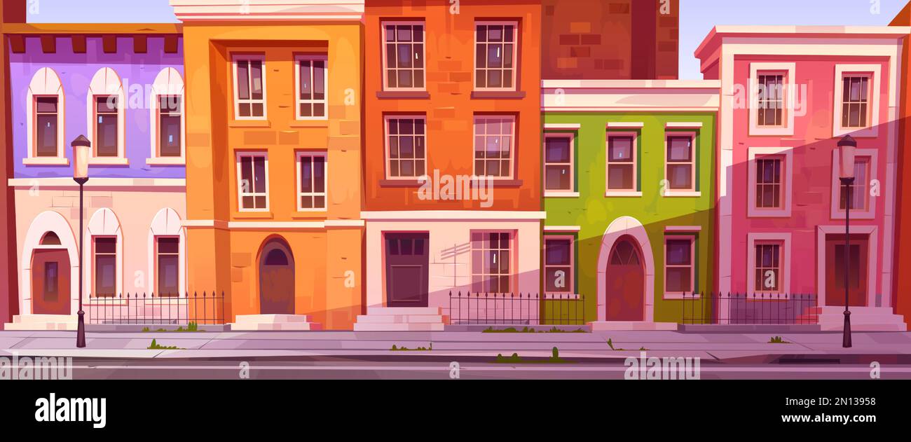 Cartoon city street in vector. Mayfair district in London. Town panorama illustration for horizontal banner or advertising. Empry neighborhood for game design. Stock Vector