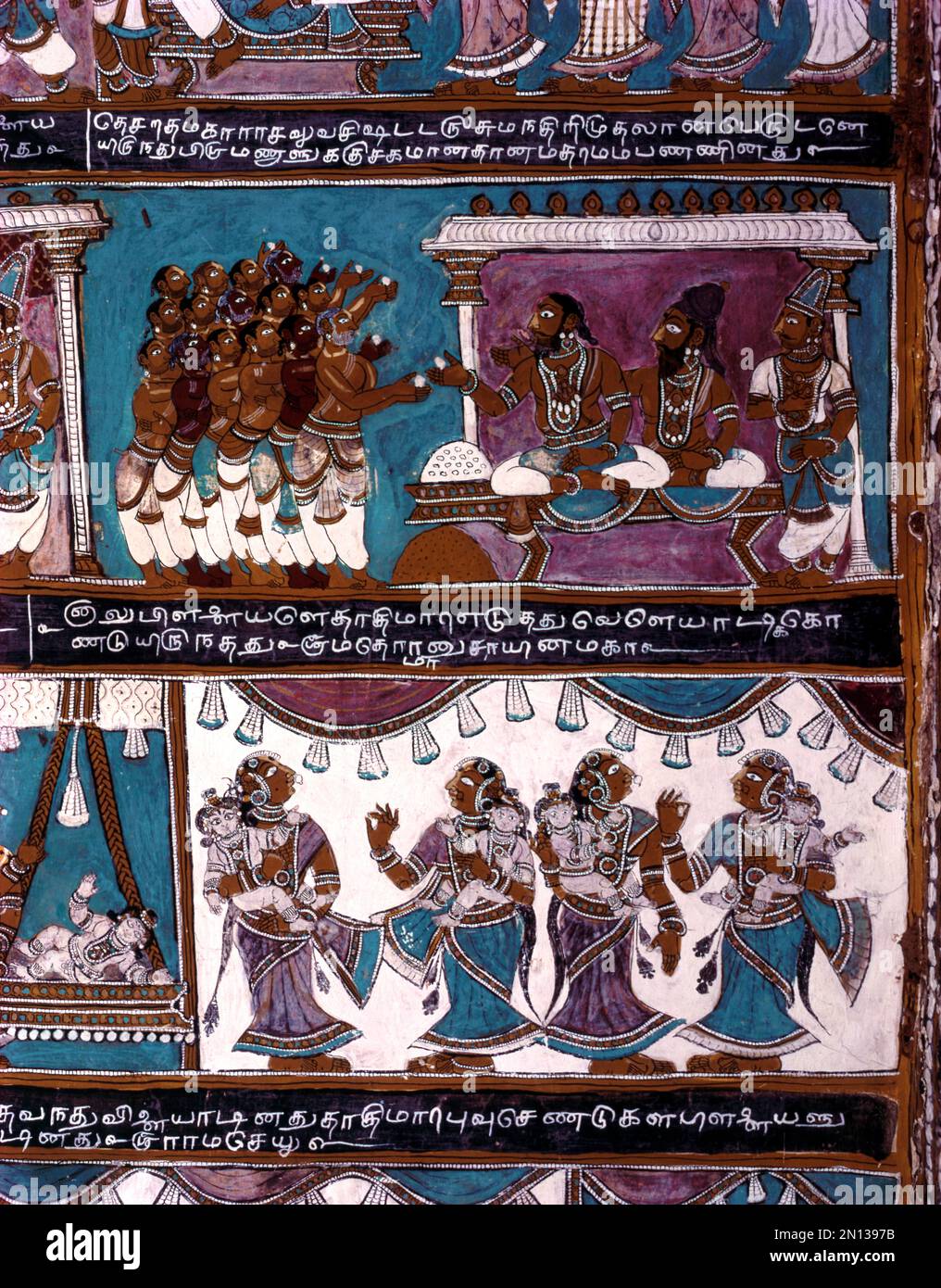 17th century Ramayana murals in Vasanta Mantapa ceiling in Alagarkovil or Alagar Koyil Vishnu temple near Madurai, Tamil Nadu, India, Asia Stock Photo