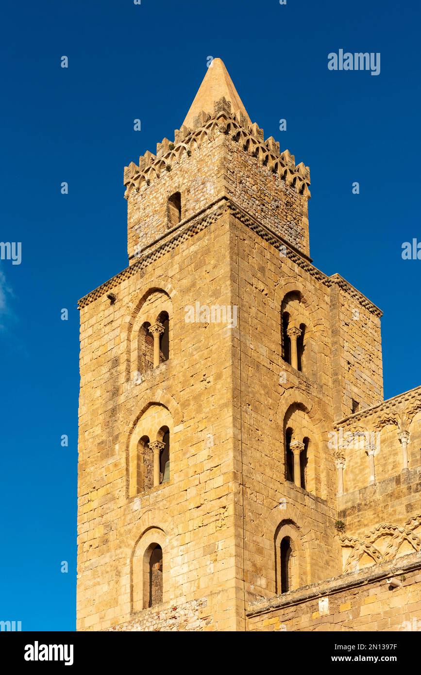 Norman tower if Cefalù Cathedral, Cefalu, Sicily, Italy, Europe Stock Photo