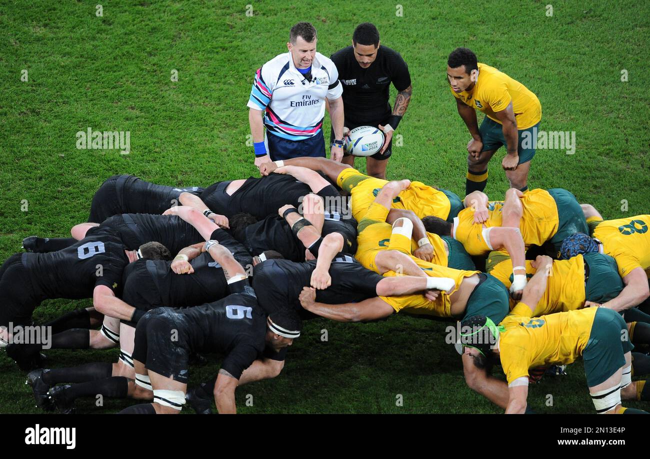 New Zealand's Aaron Smith prepares to put the ball in a scrum as ...
