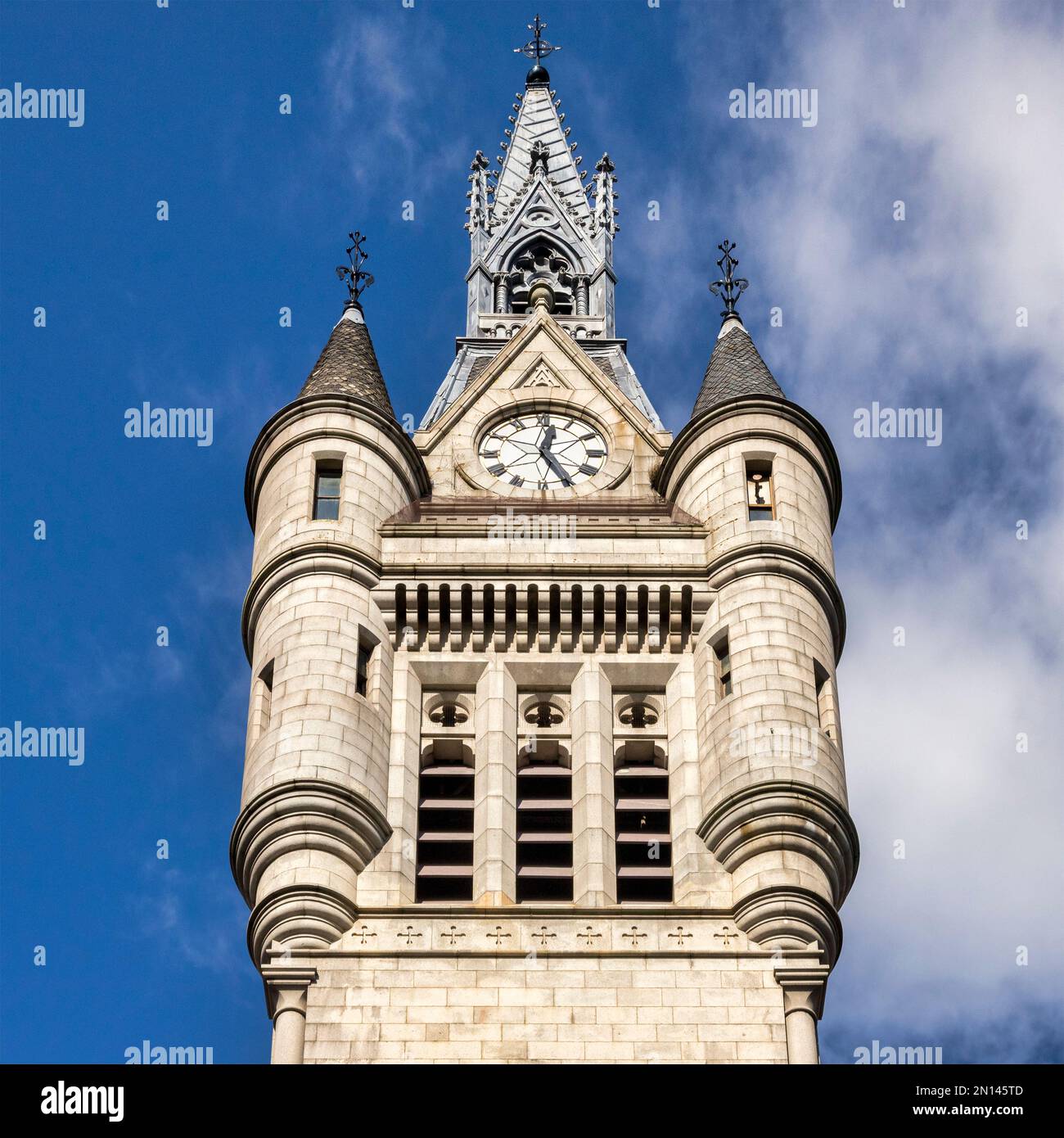 Clock tower on the Aberdeen Town House or Town Hall. Built in 1874 in the granite for which the city is famous by Peddie and Kinnear. Stock Photo