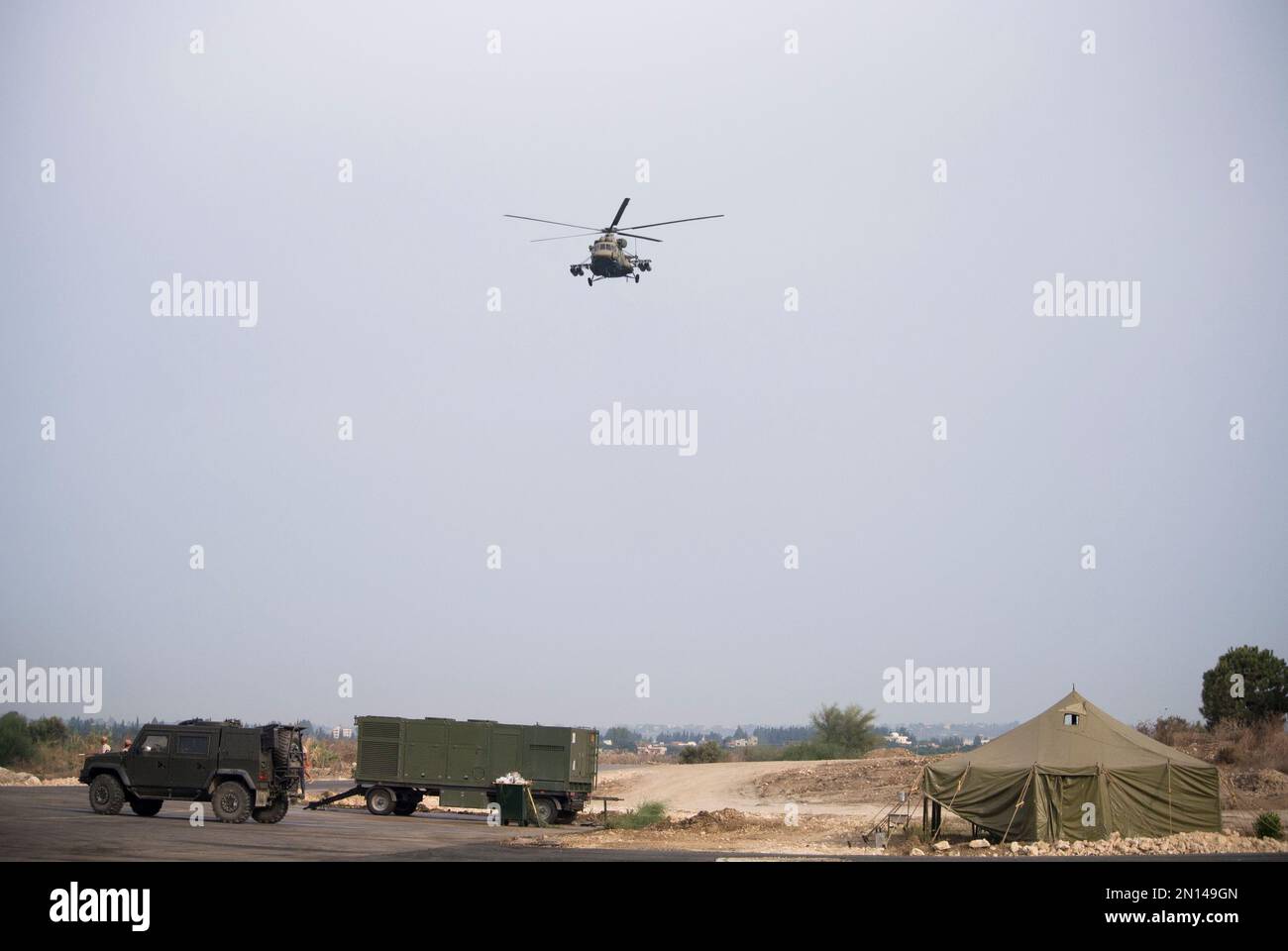 A Russian air force helicopter gunship flying out on a patrol mission ...