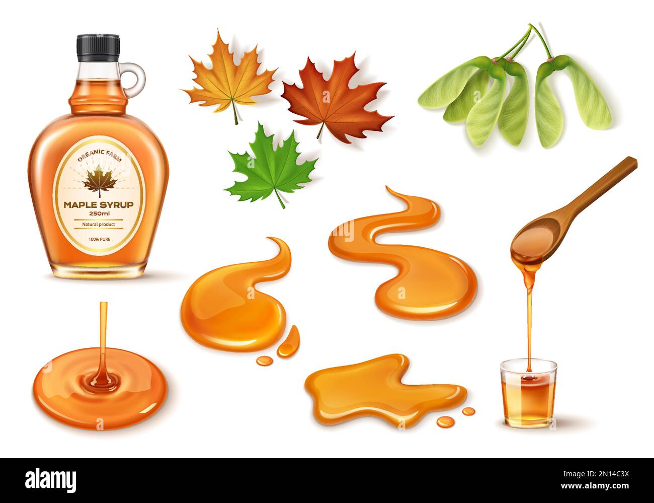 Realistic maple syrup set with bottle drops leaves seeds and wooden