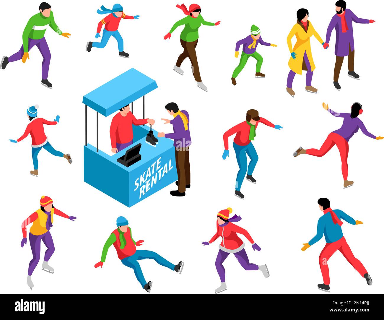 Isometric set of people ice skating in winter clothes and skate rental