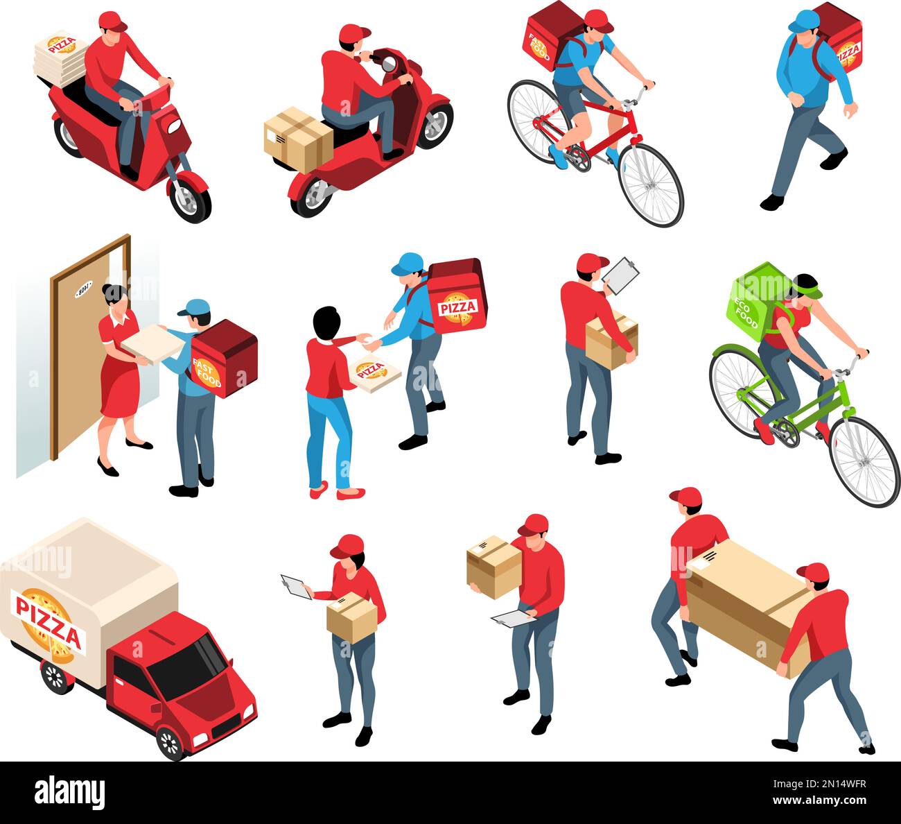 Delivery isometric set of couriers with parcels riding scooter bicycle