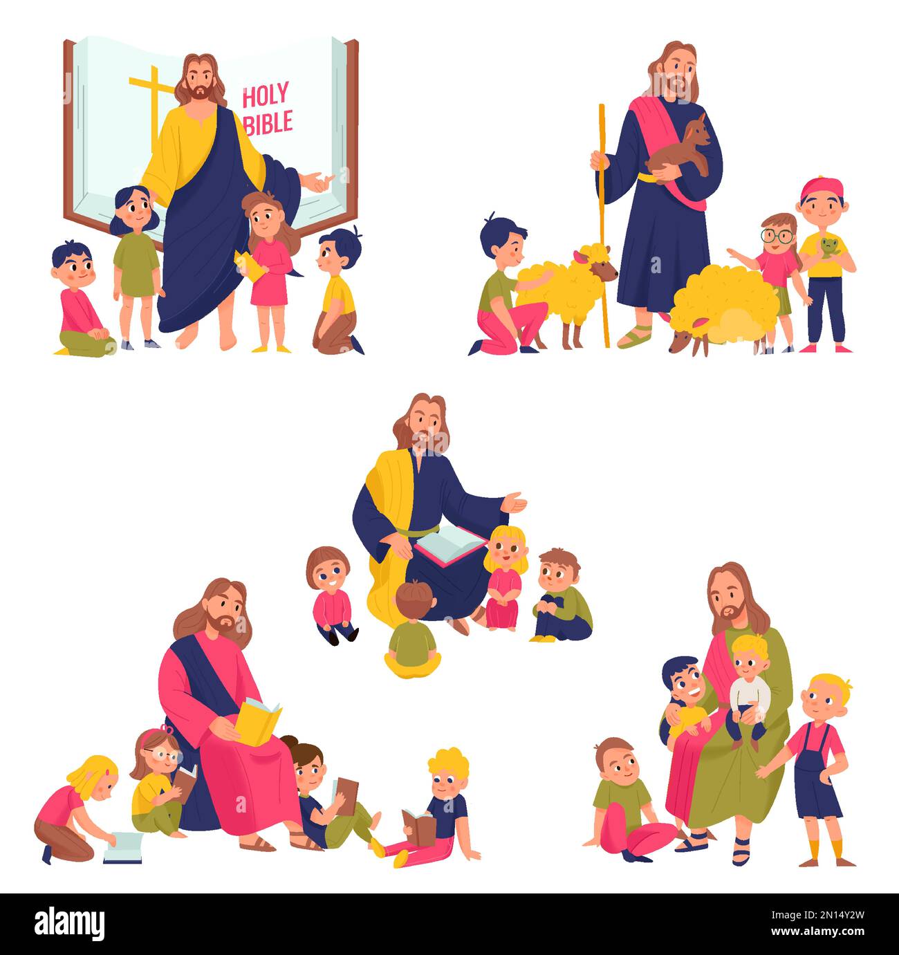Jesus Christ and kids color set with religion symbols flat isolated vector illustration Stock
