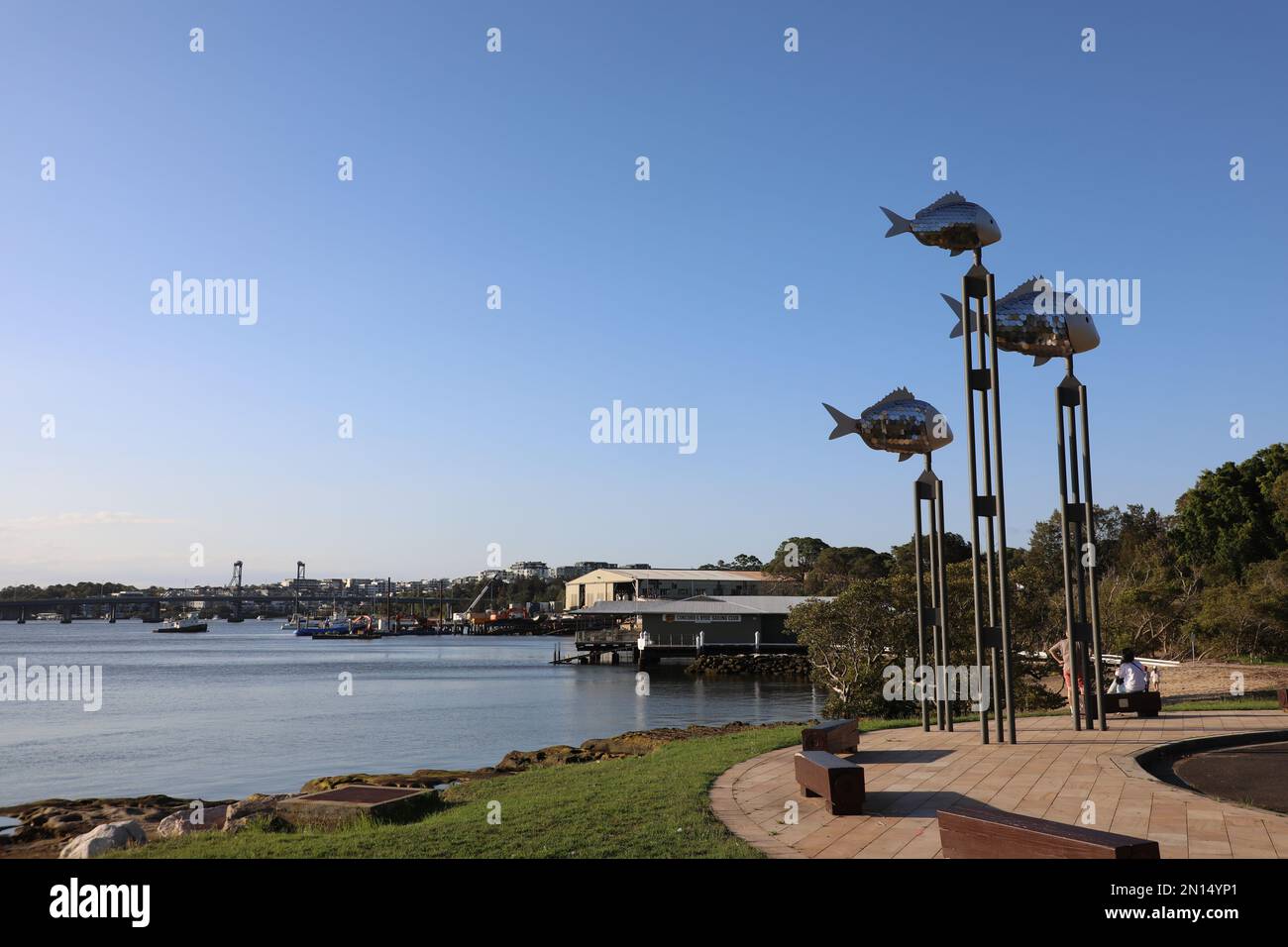 Snapper fish wind sculptures, installed in December 2011. These beautiful works located in Kissing Point Park represent the traditional totem of the a Stock Photo