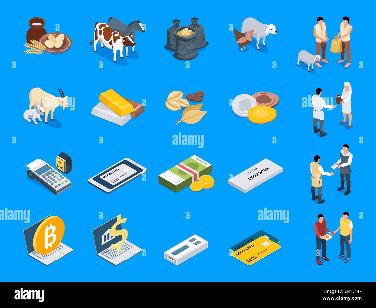 Evolution of money color set of eco food production used in natural