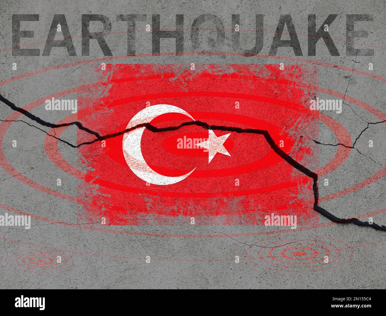 Earthquakes in turkey, flag turkey on a wall with cracks from an