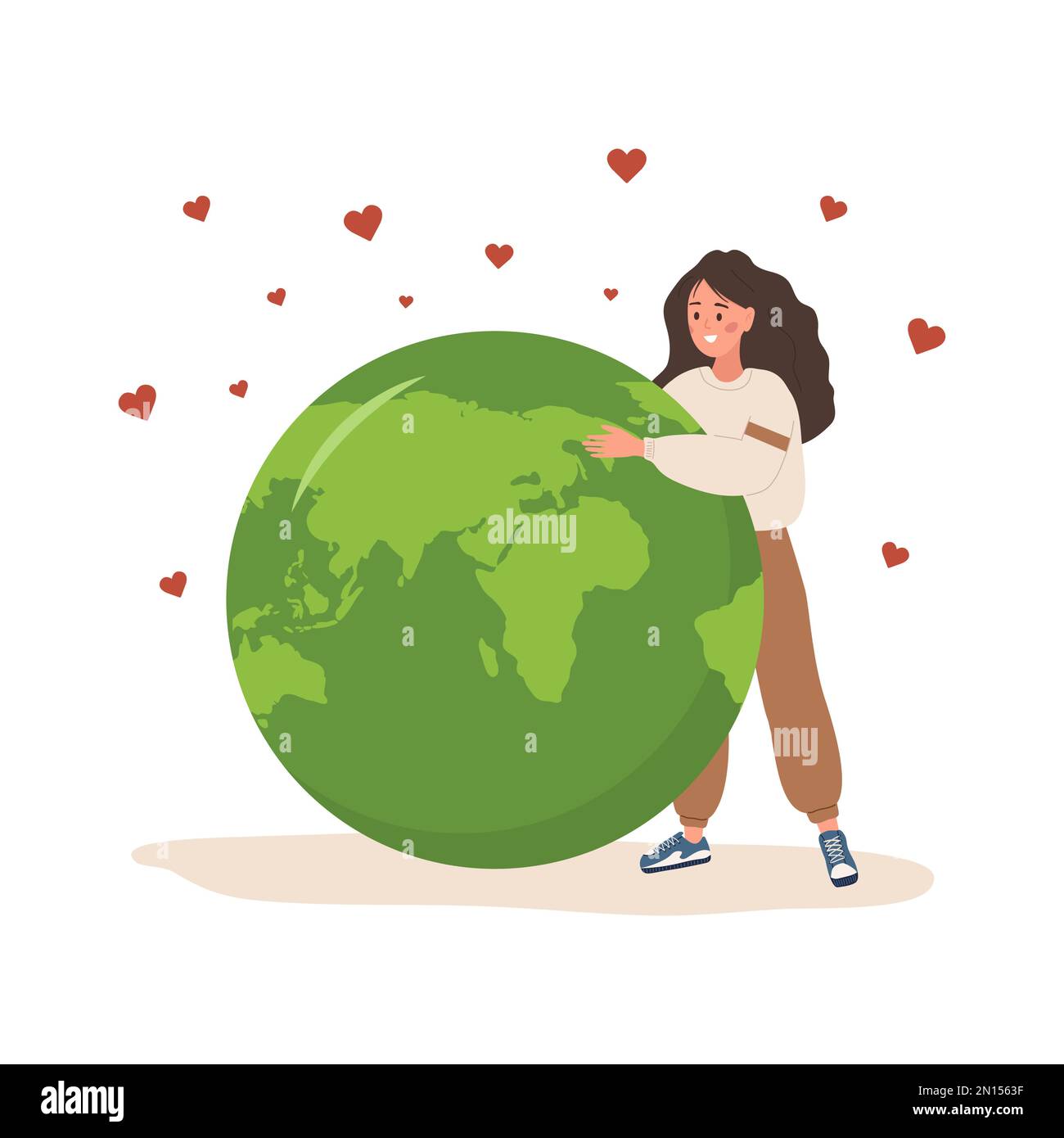 Save the planet concept. Smiling woman next to large globe. International Mother Earth day. Caring for Nature and environment. Vector illustration in Stock Vector