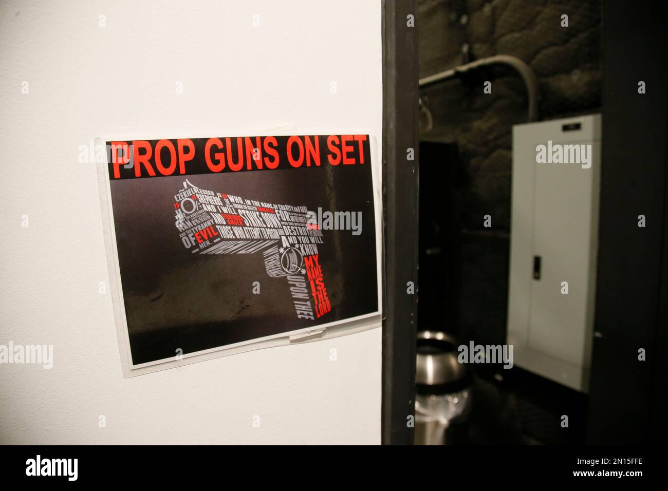Prop Sign Gun A sign letting visitors know that prop guns are used on a production ...