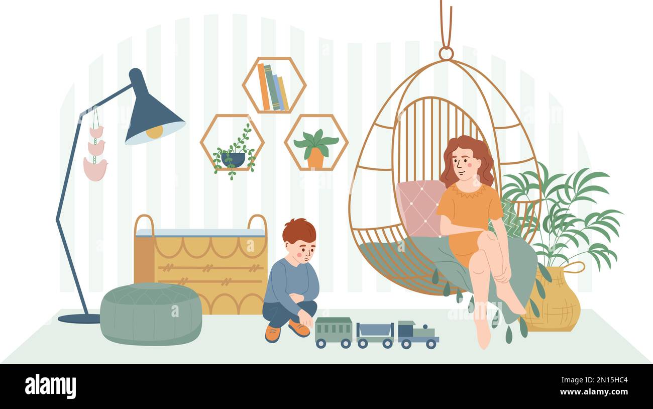 Lagom life flat composition with indoor interior hanging lounge chair