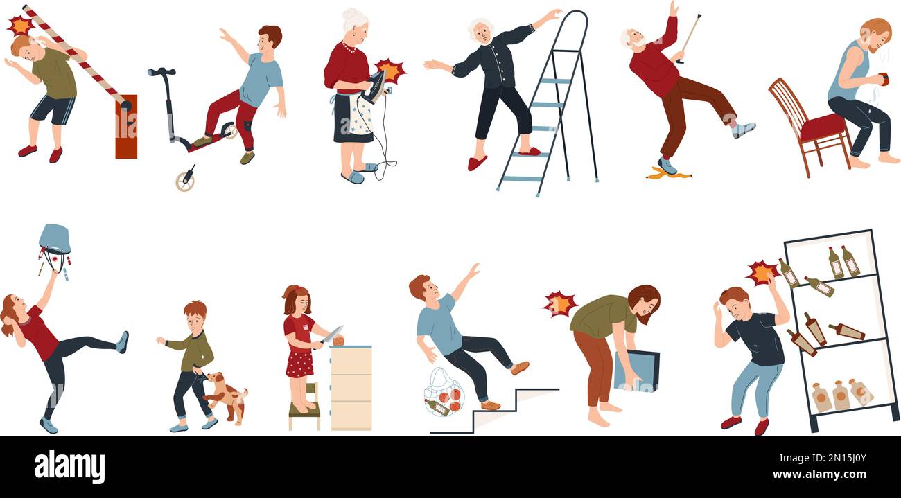 Household injuries flat set of isolated icons showing human characters getting damage hits in various accidents vector illustration Stock Vector