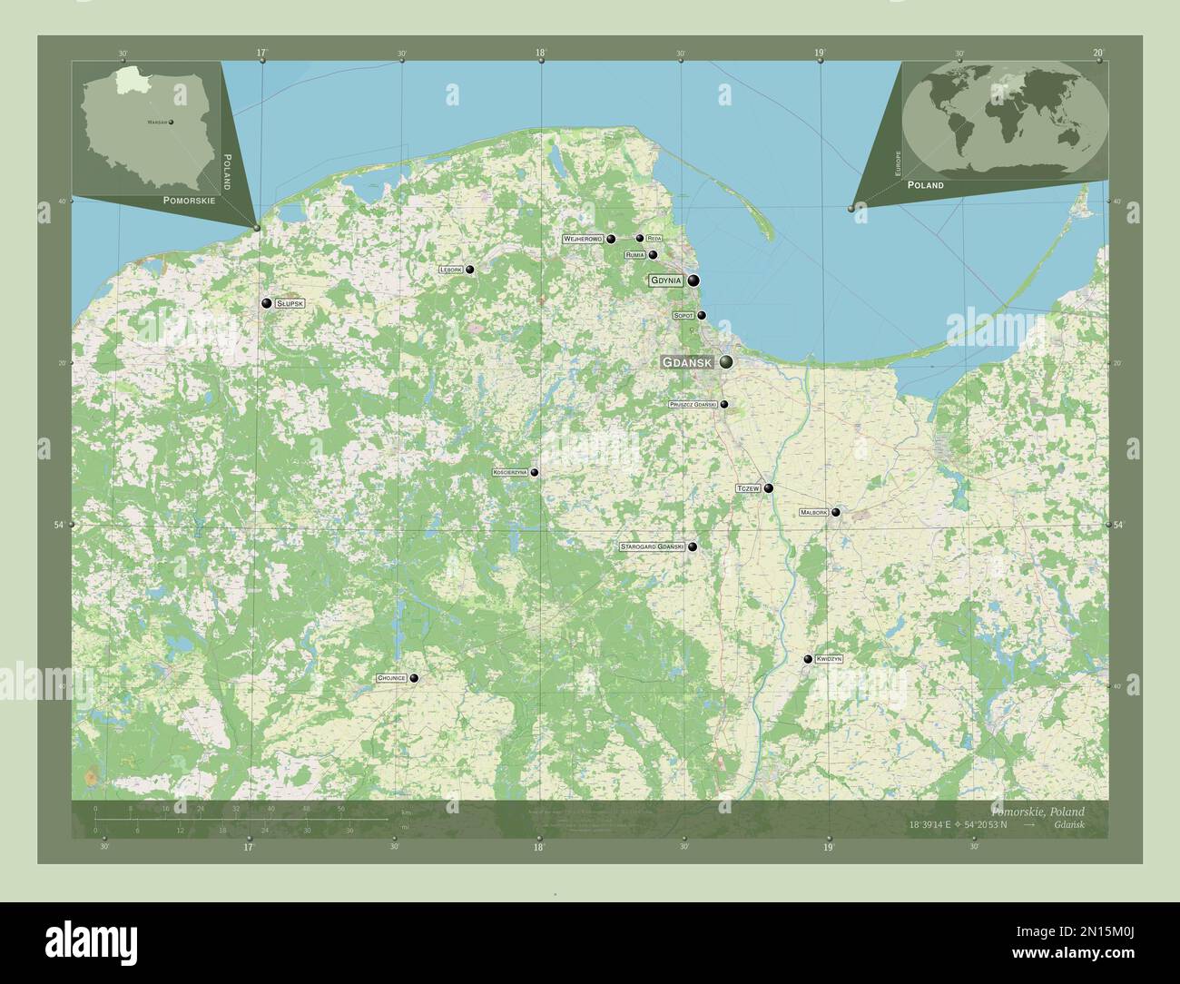 Pomorskie, voivodeship|province of Poland. Open Street Map. Locations and names of major cities of the region. Corner auxiliary location maps Stock Photo