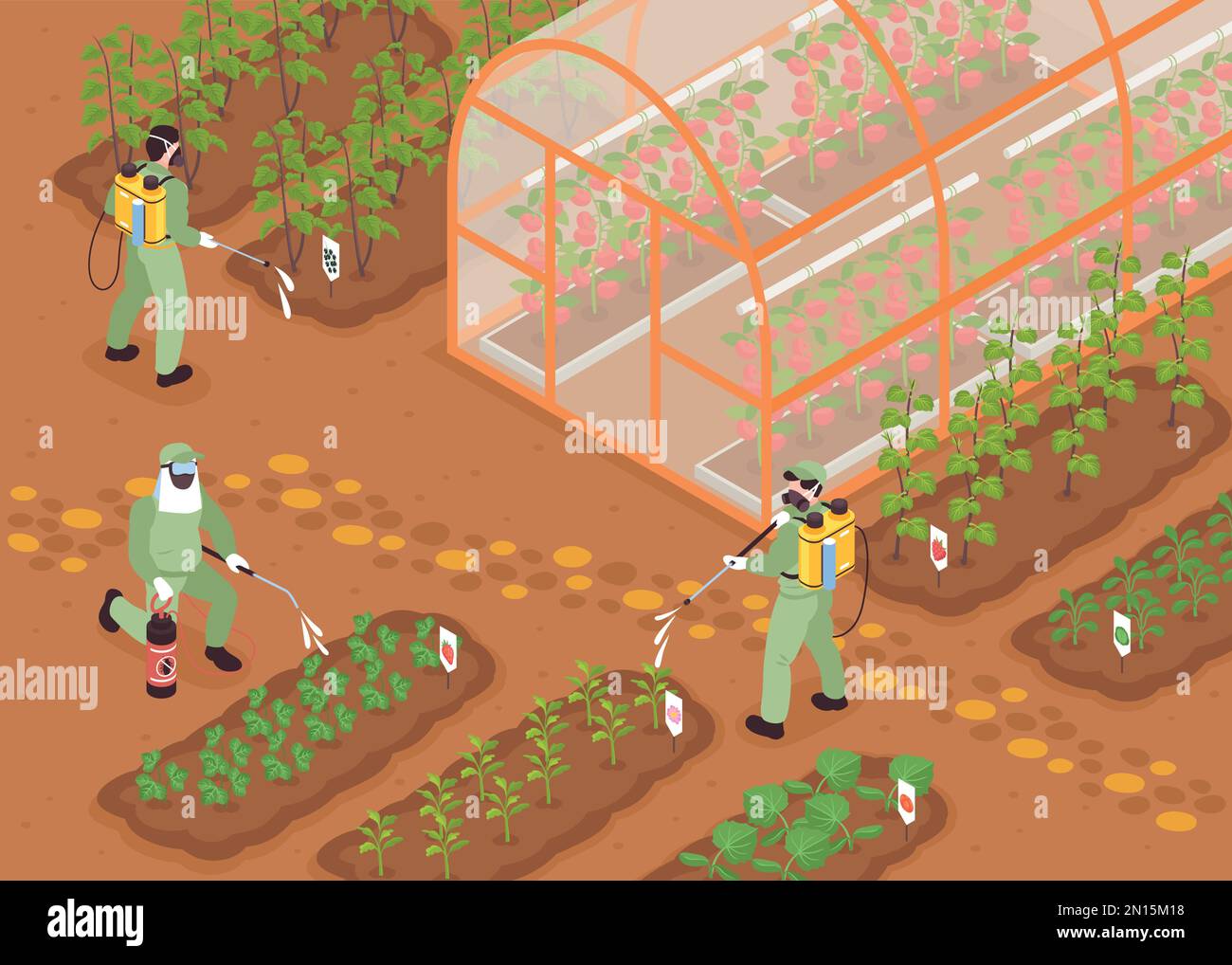Isometric farm pest control concept with workers spraying the 