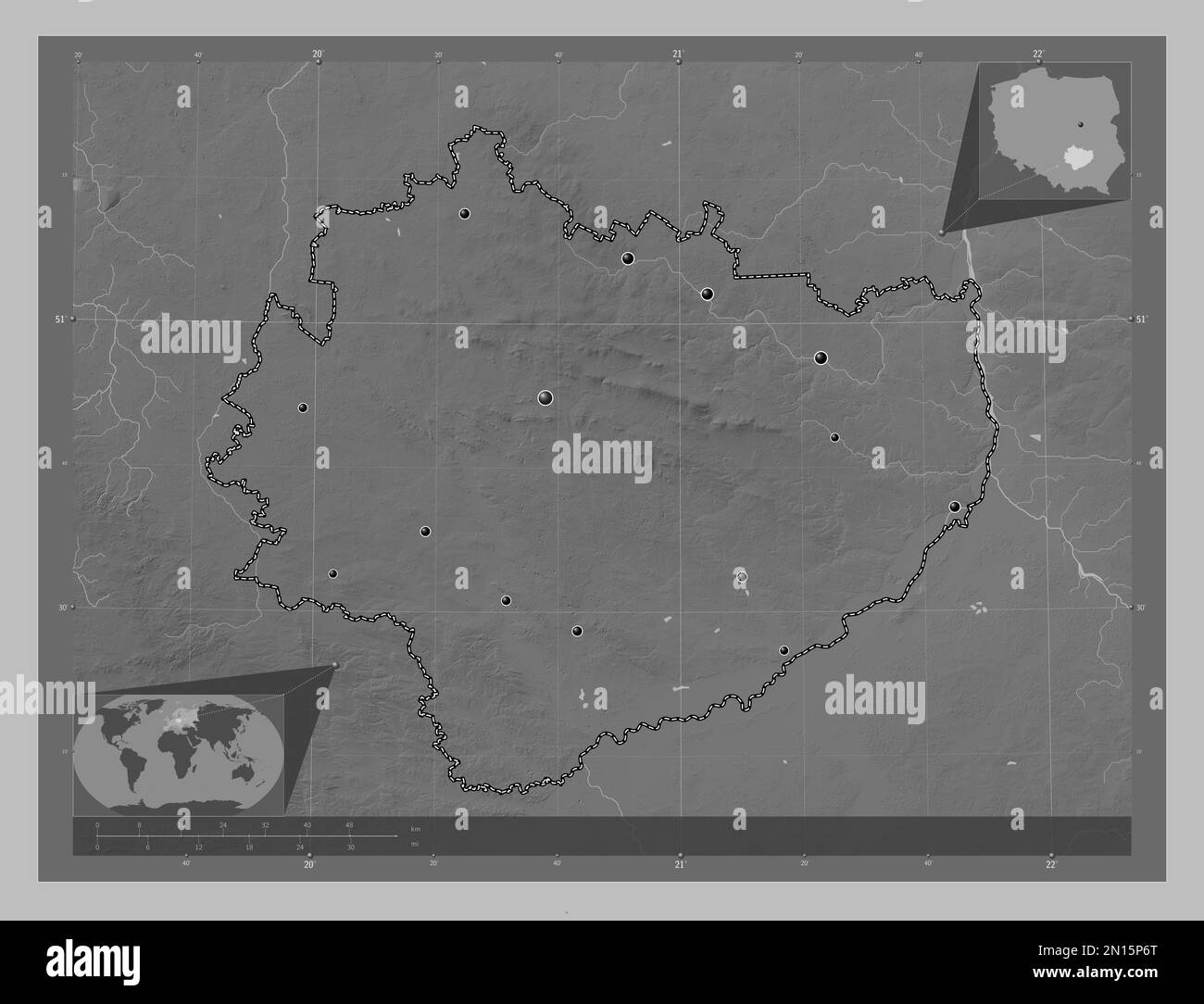 Swietokrzyskie Voivodeship Province Of Poland Grayscale Elevation Map   Swietokrzyskie Voivodeshipprovince Of Poland Grayscale Elevation Map With Lakes And Rivers Locations Of Major Cities Of The Region Corner Auxilia 2N15P6T 