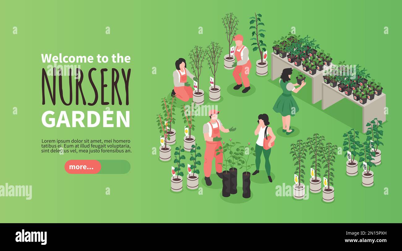 Isometric nursery garden banner with people choosing plants in store