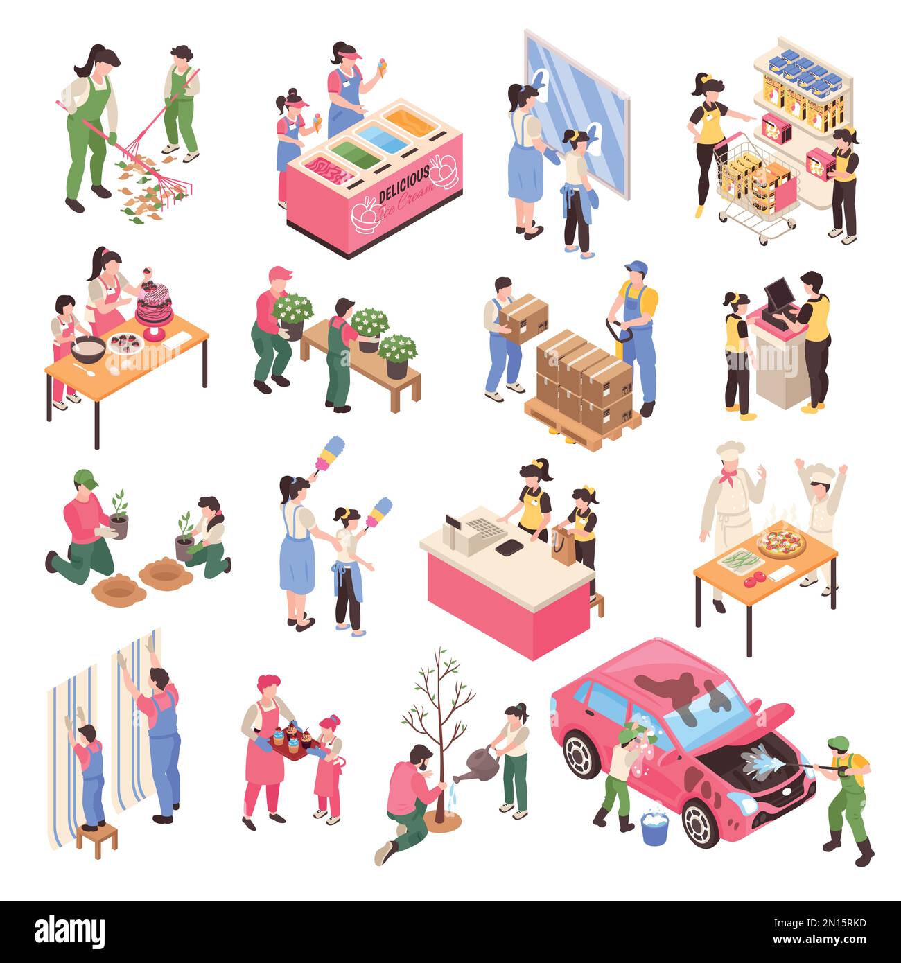 Isometric teenagers icons set with young people working in local stores on practice or