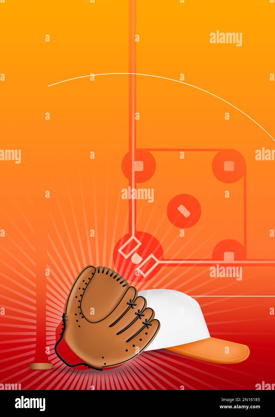 Baseball tournament flyer poster design with bat glove and ball on orange and red background