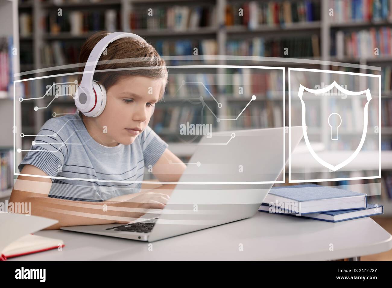 Child safety online. Little boy using laptop indoors. Illustration of