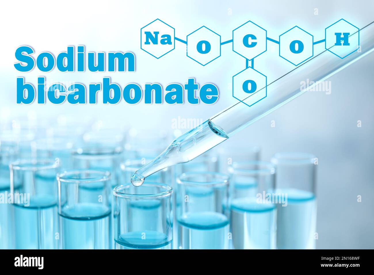 Text Sodium bicarbonate with soda formula and test tubes on background
