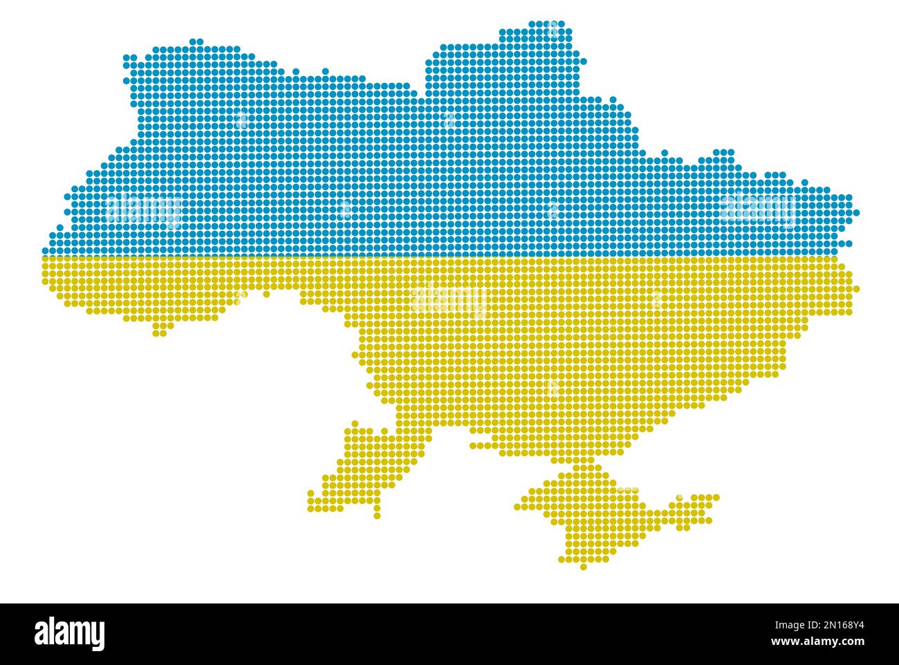 Ukraine outline spanned with dots of national flag colors on white background, illustration Stock Photo