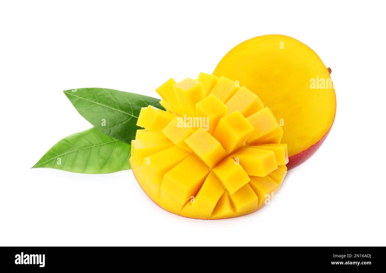 Cut ripe mangoes isolated on white. Exotic fruit Stock Photo - Alamy