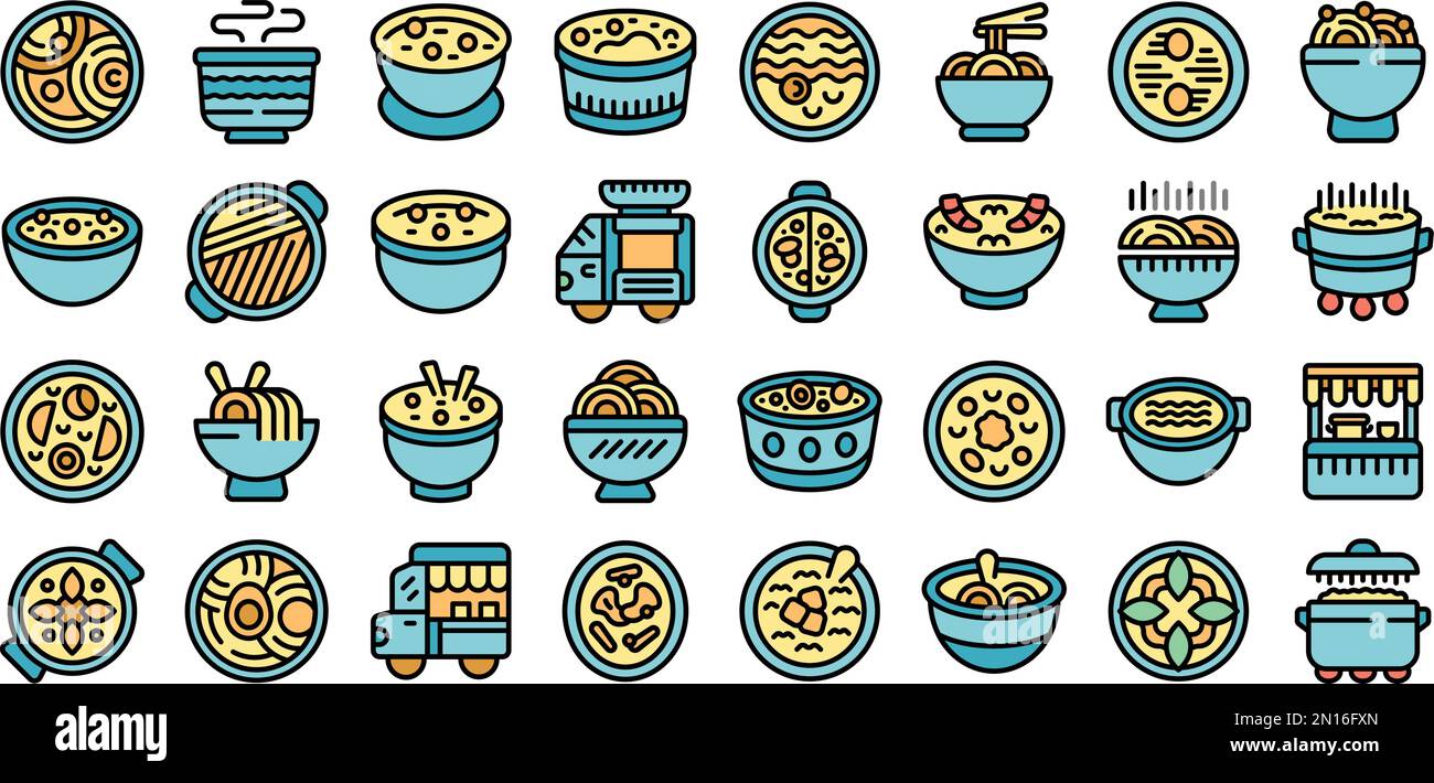 Street soup icons set outline vector. Appetizer cafe. Cooking cuisine ...