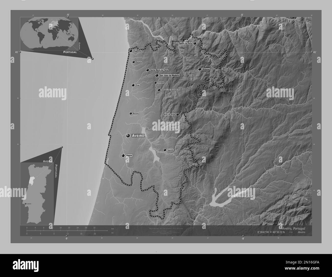 Aveiro, district of Portugal. Grayscale elevation map with lakes and rivers. Locations and names of major cities of the region. Corner auxiliary locat Stock Photo