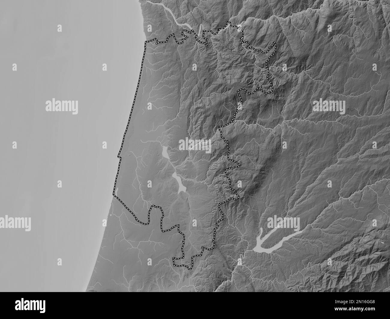 Aveiro, district of Portugal. Grayscale elevation map with lakes and rivers Stock Photo