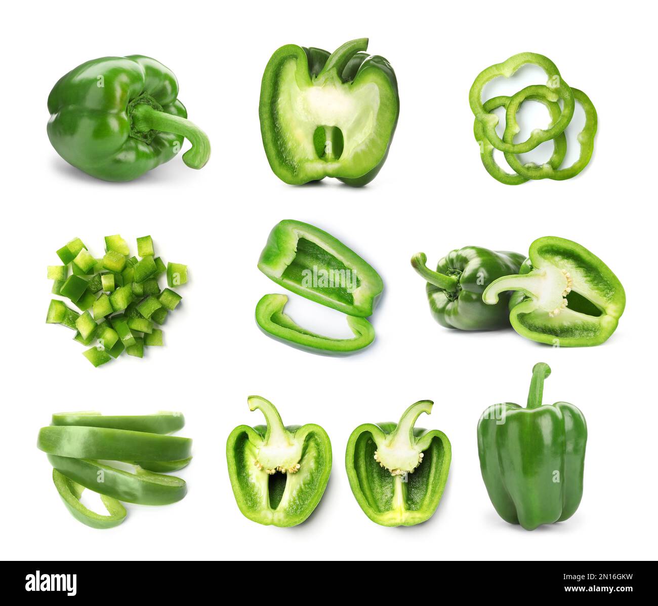 Set of cut and whole green bell peppers on white background Stock Photo