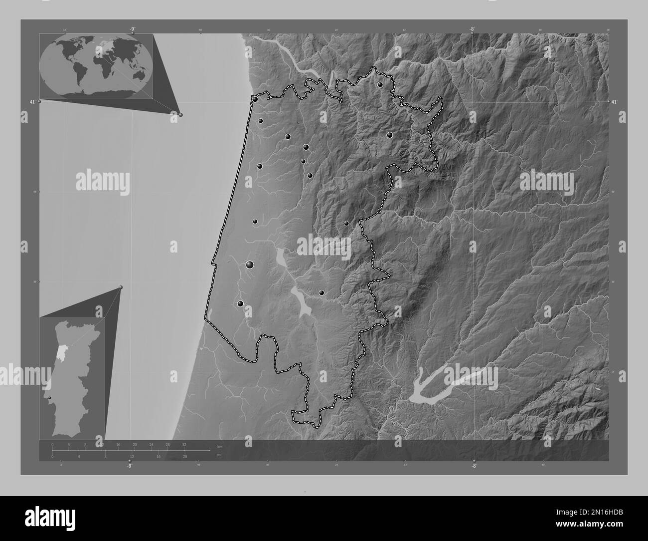 Aveiro, district of Portugal. Grayscale elevation map with lakes and rivers. Locations of major cities of the region. Corner auxiliary location maps Stock Photo