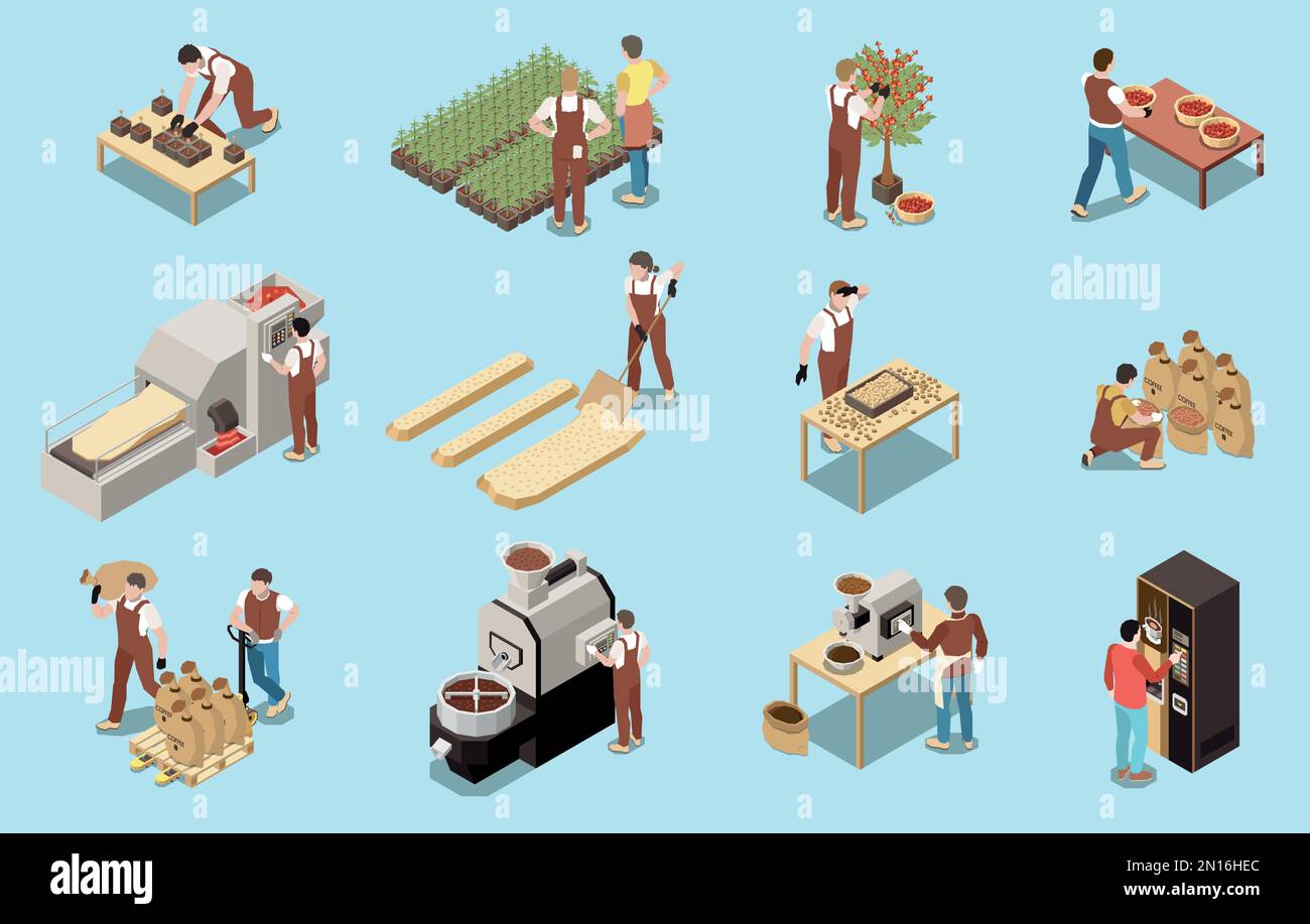 Coffee production industry isometric set of machinery for drying beans grain roasting grinding and cooking isolated vector illustration Stock Vector