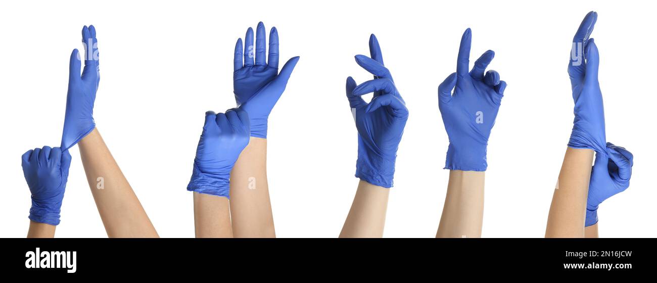 Protect your hands wear rubber gloves. Photos in collage on white