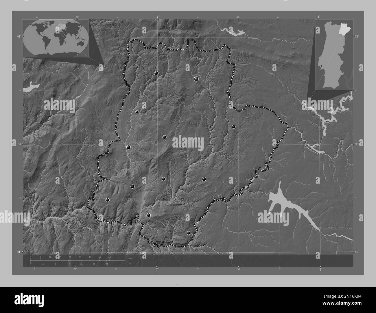 Braganca, district of Portugal. Grayscale elevation map with lakes and rivers. Locations of major cities of the region. Corner auxiliary location maps Stock Photo