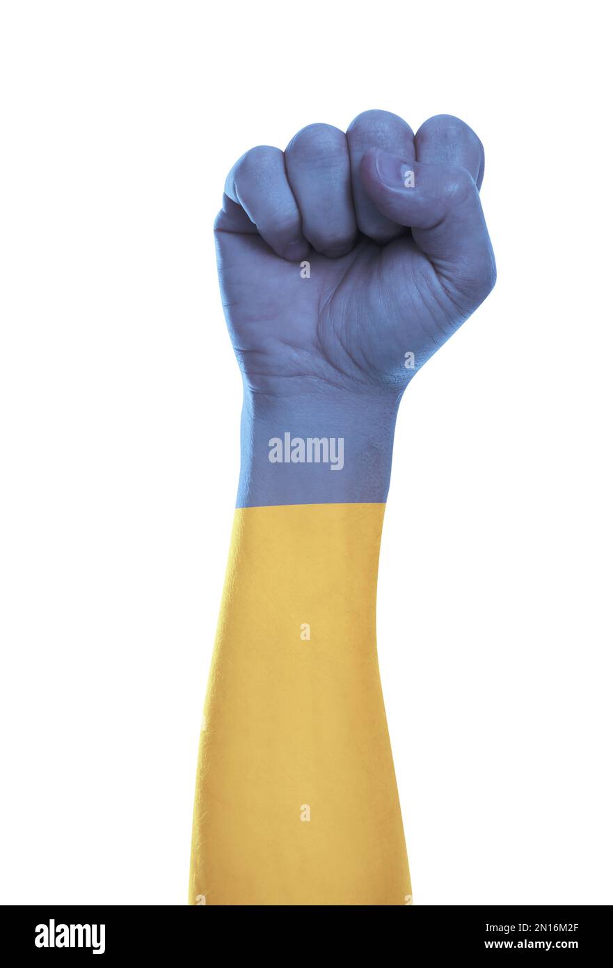 Man showing fist, closeup. Hand in colors of Ukrainian flag Stock Photo