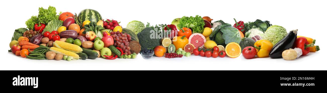 Collection of fresh organic vegetables and fruits on white background ...