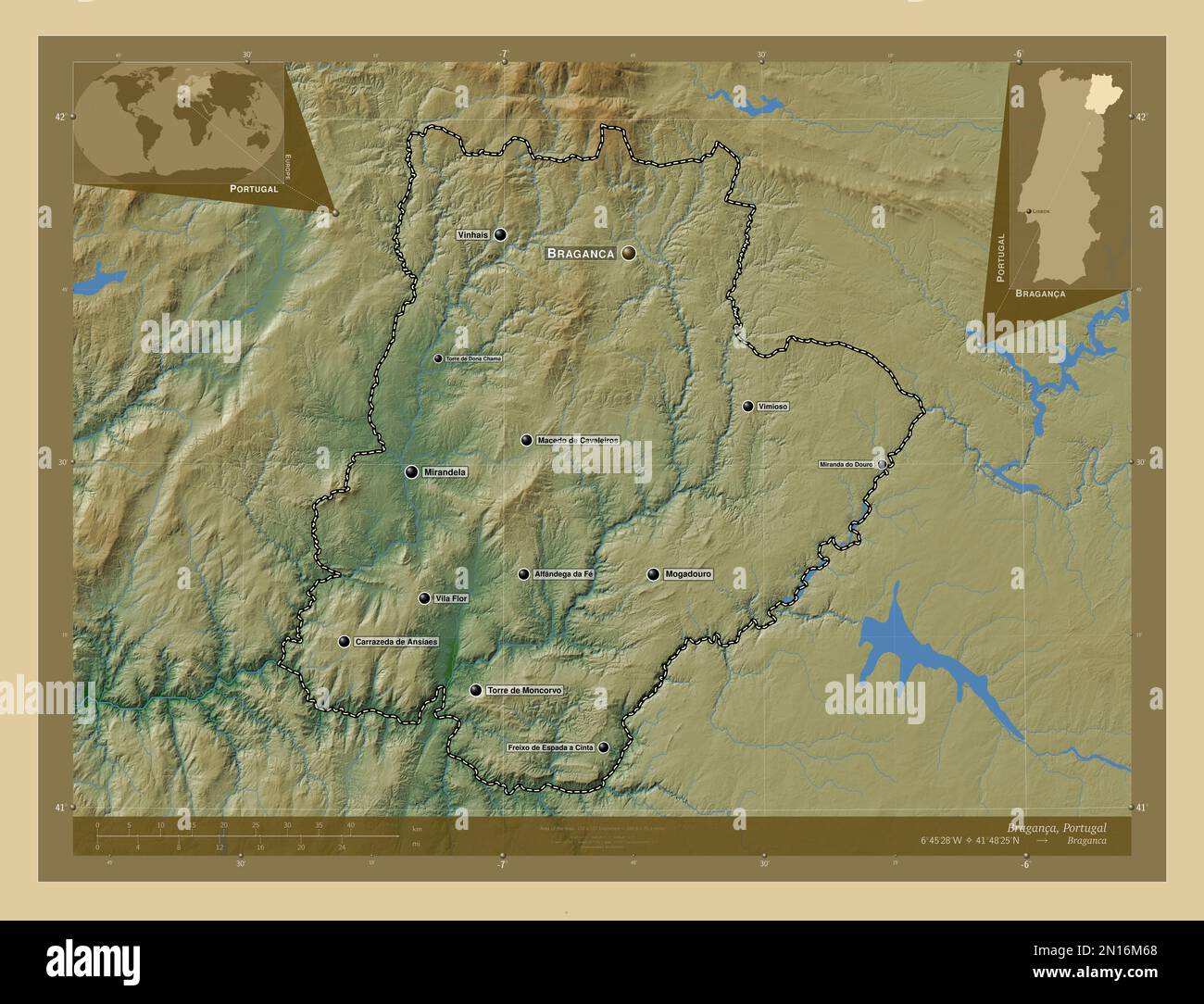 Braganca, district of Portugal. Colored elevation map with lakes and ...