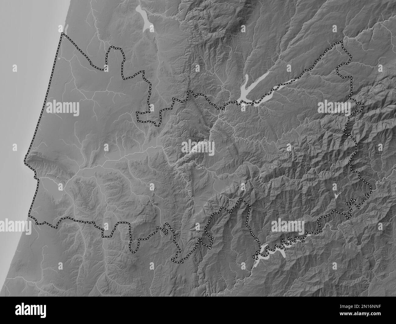 Coimbra, district of Portugal. Grayscale elevation map with lakes and rivers Stock Photo