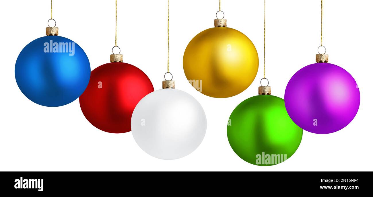 Set of bright Christmas balls on white background. Banner design Stock ...