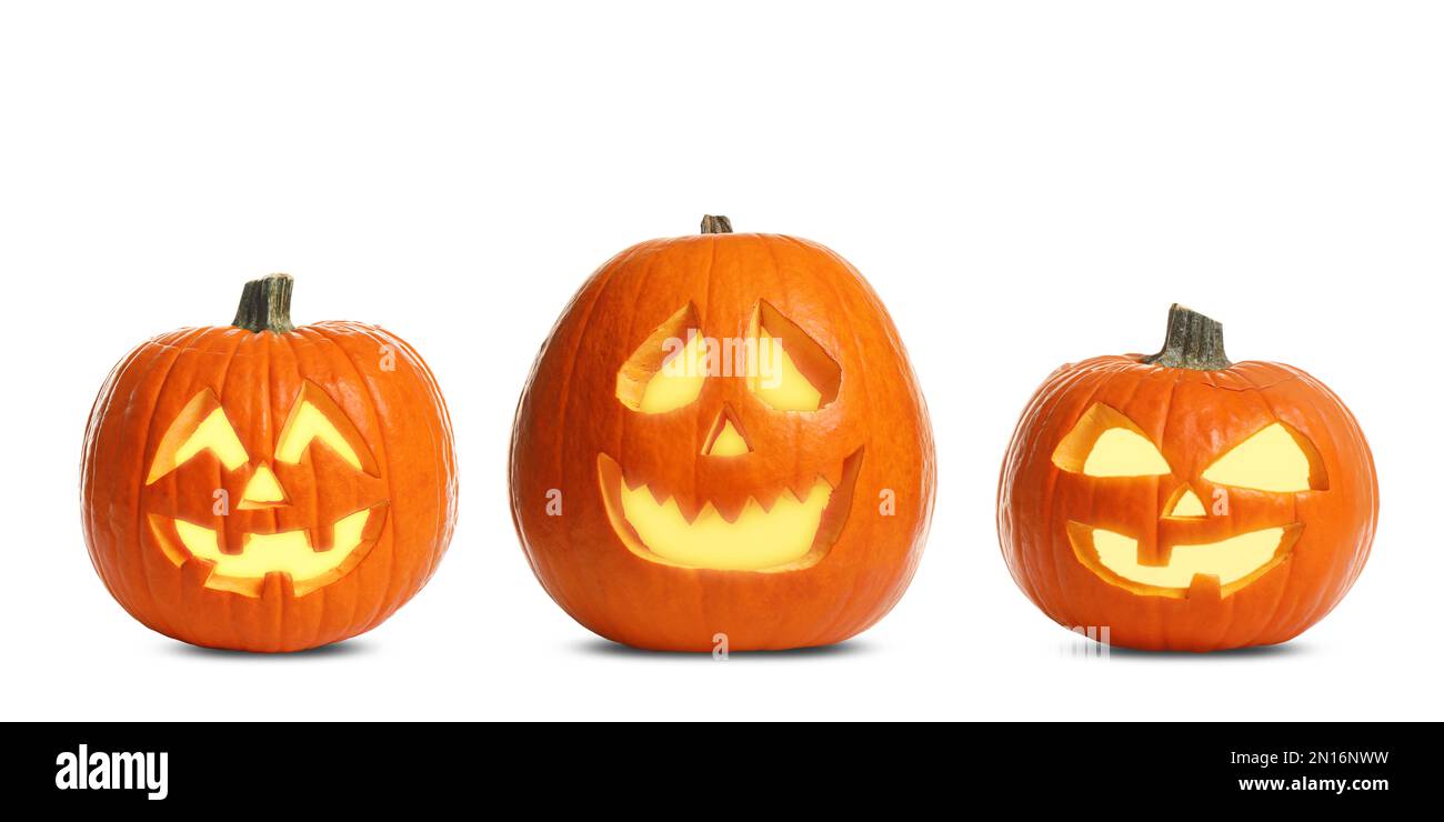 Set of carved Halloween pumpkins on white background. Banner design ...