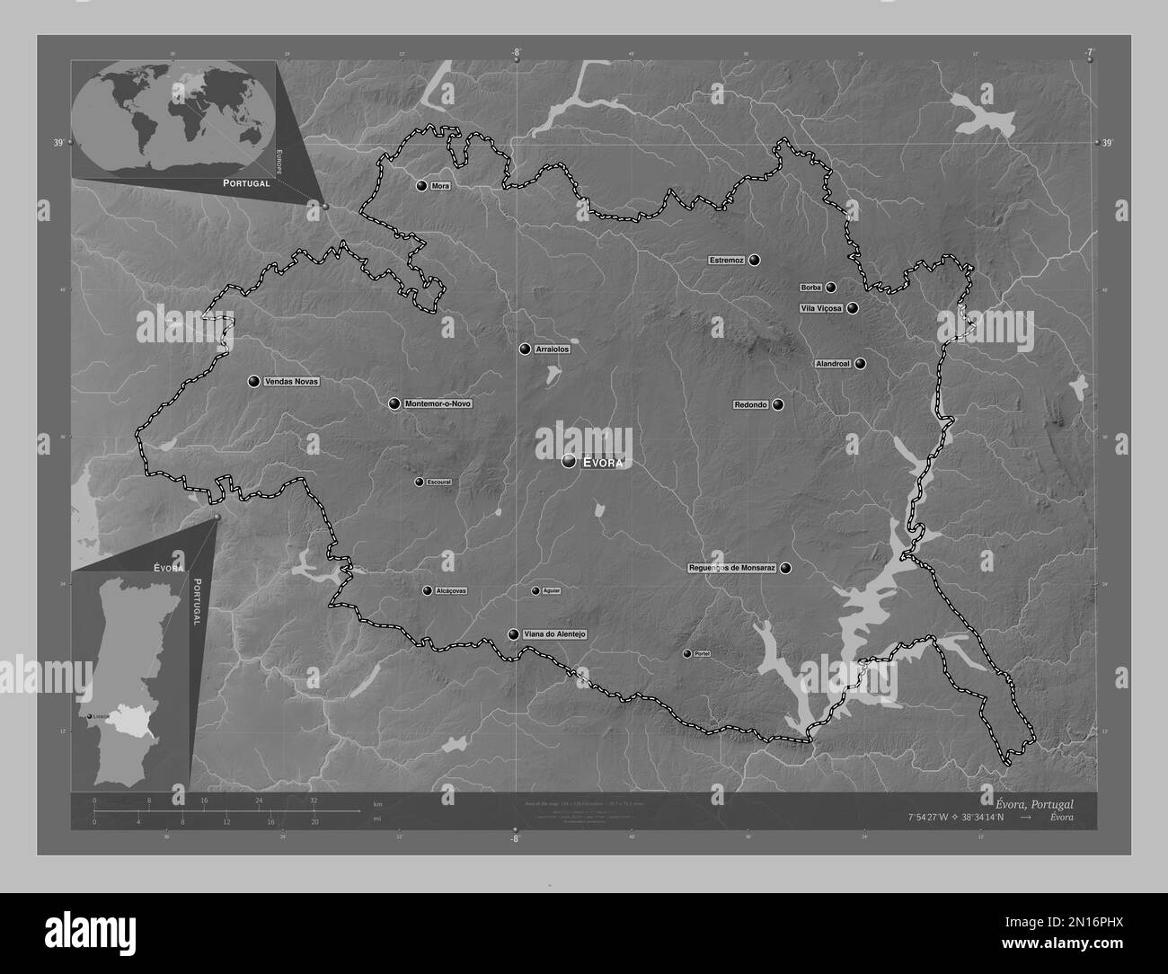 Evora, district of Portugal. Grayscale elevation map with lakes and rivers. Locations and names of major cities of the region. Corner auxiliary locati Stock Photo