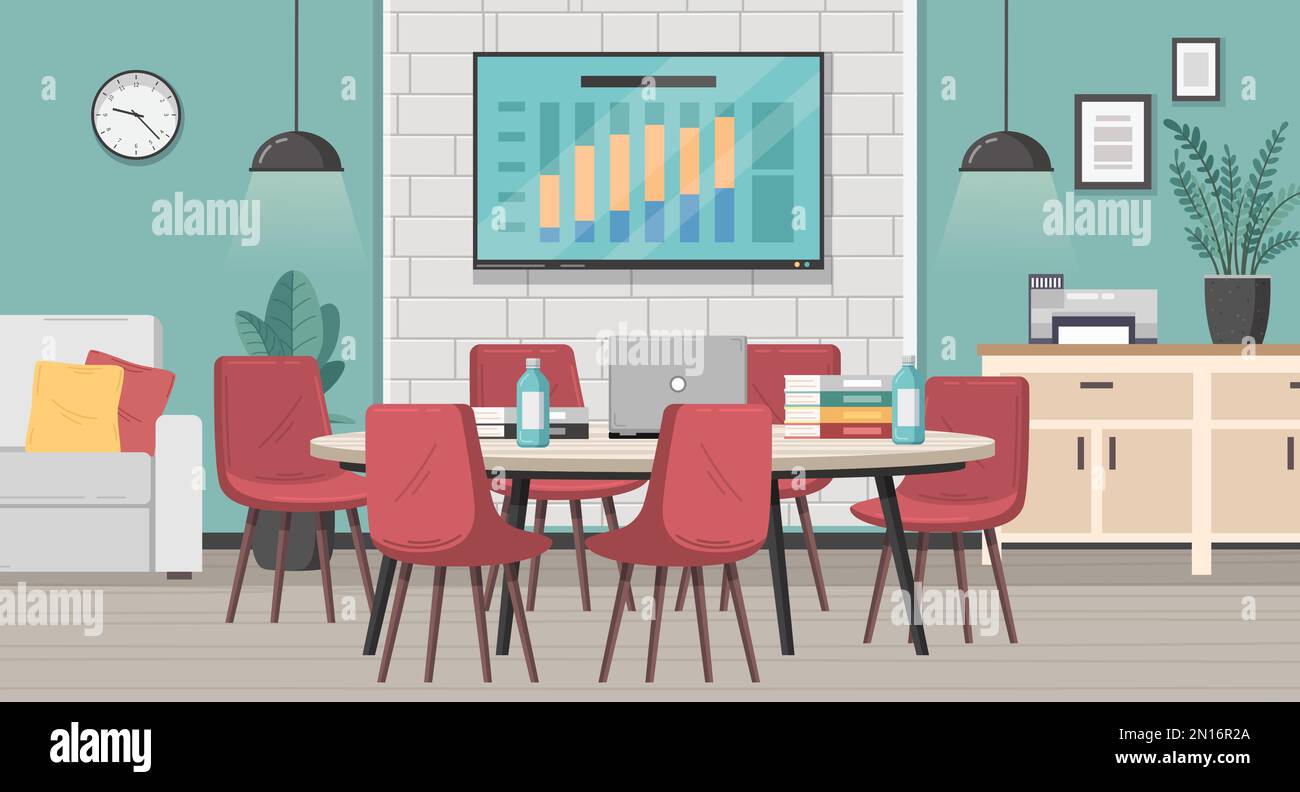 Meeting room interior cartoon with office table and chairs vector
