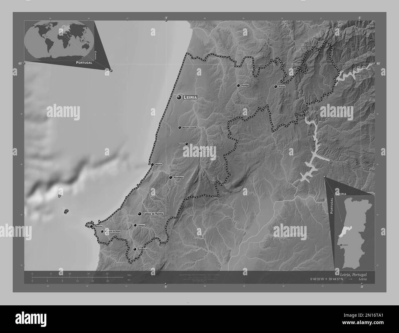 Leiria, district of Portugal. Grayscale elevation map with lakes and