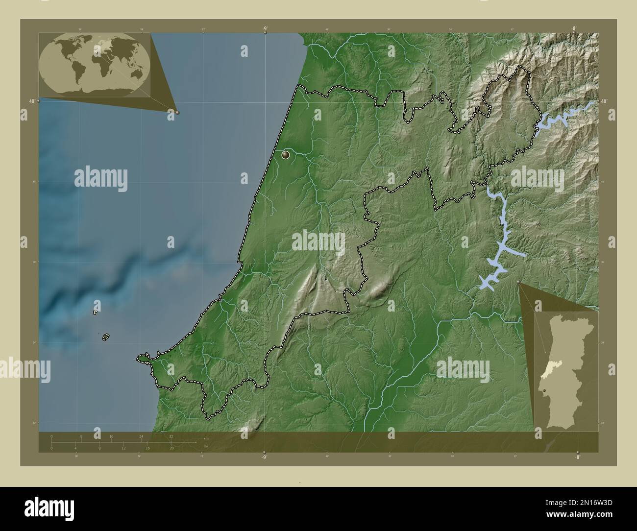 Leiria, district of Portugal. Elevation map colored in wiki style with